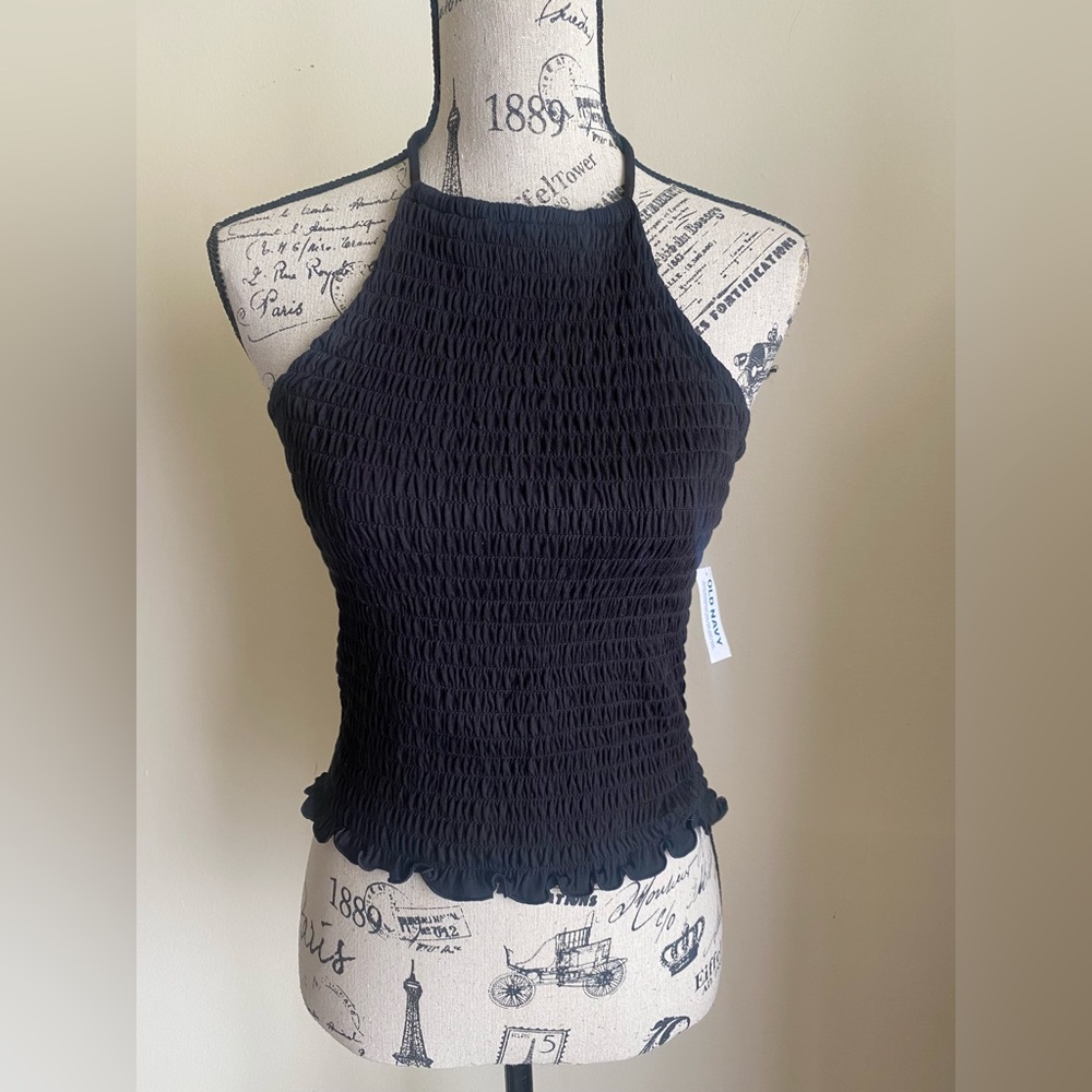 Old Navy black smocked ruched halter top NWT